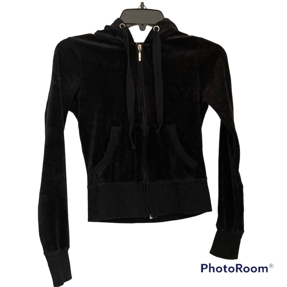 Aqua Velour Black Zip-up Hoodie | Y2K Aesthetic activewear - Size XS